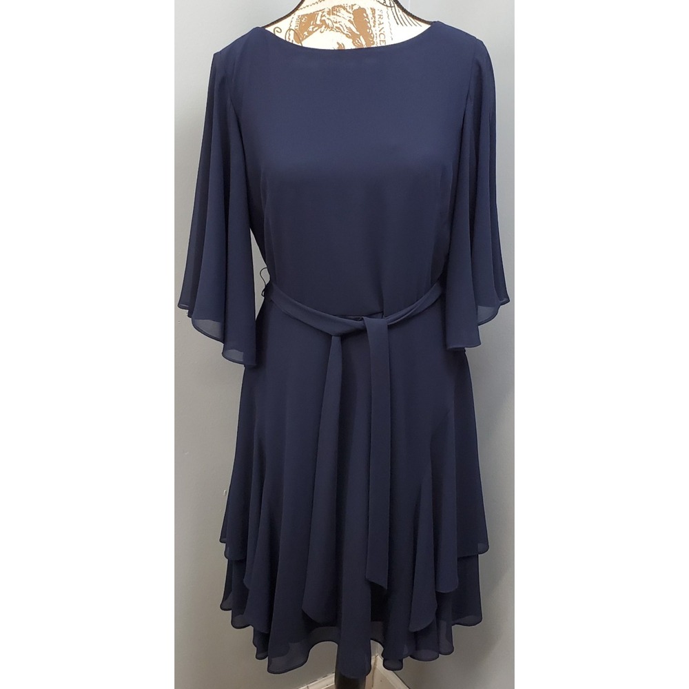 Lauren Ralph Lauren Georgette Dress Womens 8 Blue Chiffon Belted Waist Back Zip